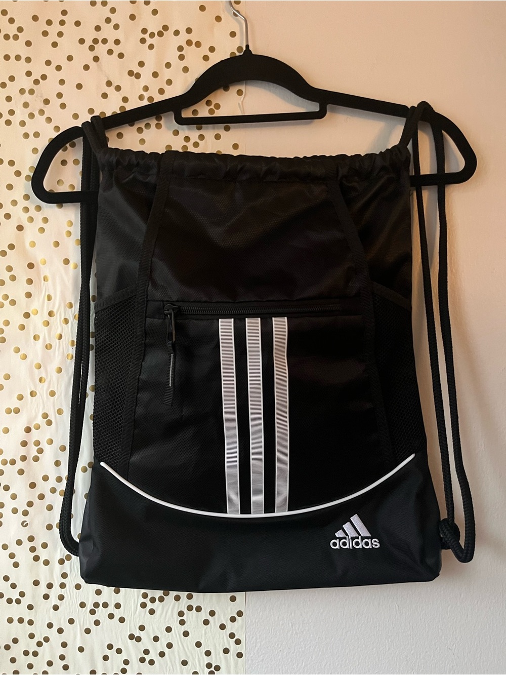 Adidas Black Drawstring Gym Drawstring Sack with Classic White Stripes
